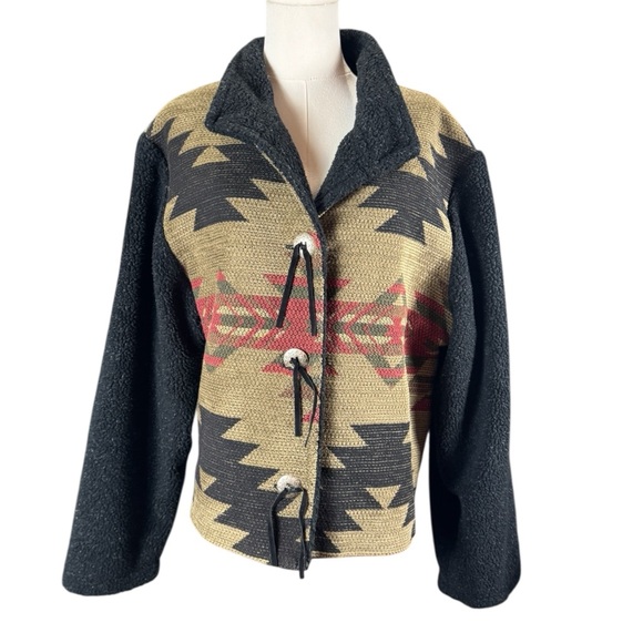 Vintage 90s Coldwater Creek Southwest Aztec Fleece Blanket Jacket Womens Size L - Picture 2 of 11